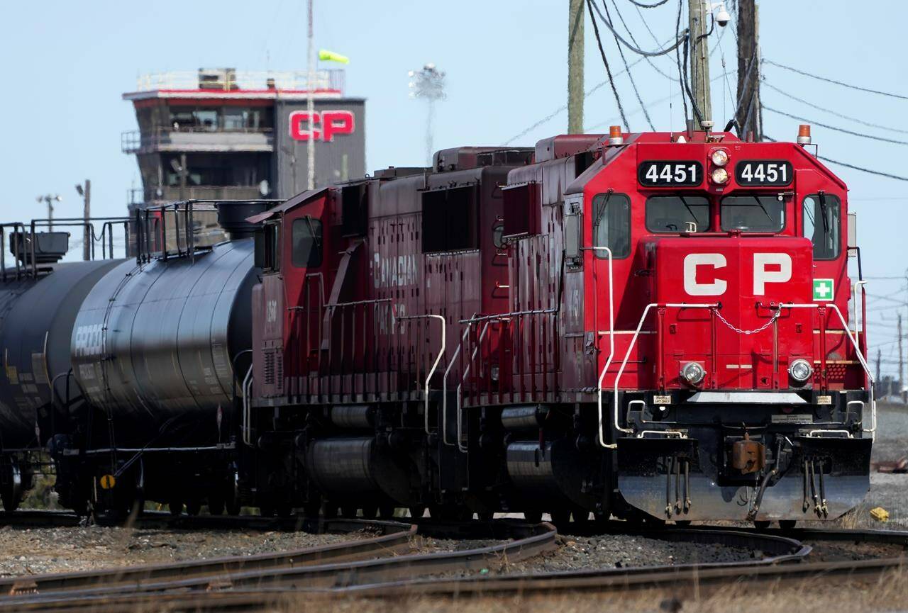 A Canadian Pacific Railway locomotive is shown at the main CP Rail train yard in Toronto on Monday, March 21, 2022. THE CANADIAN PRESS/Nathan Denette
