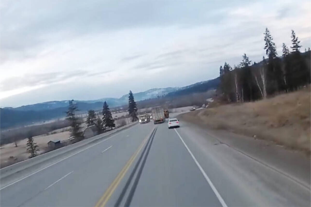 Dashcam footage shared by a professional driver shows a transport driver passing on a double solid line near Barriere March 24. (Bruce Martens image)