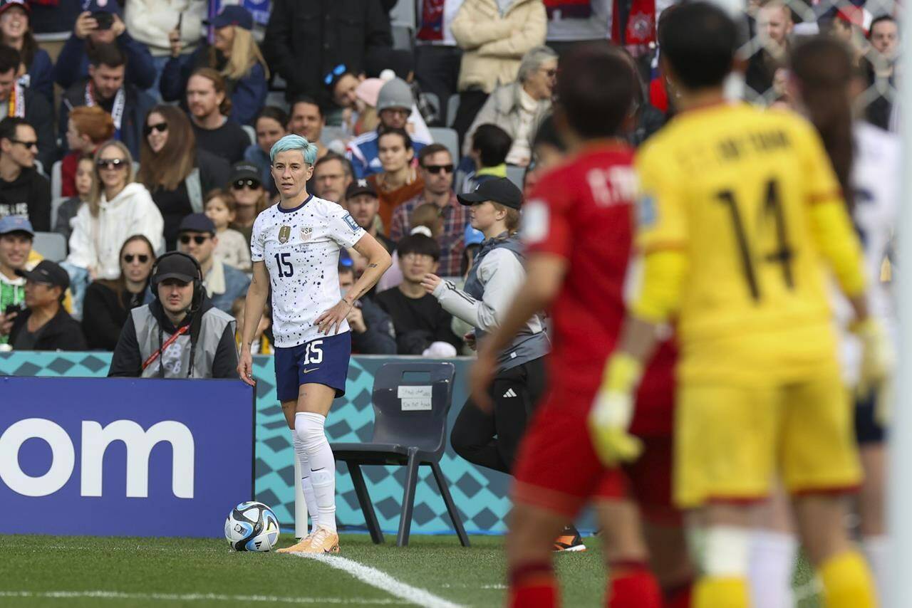 United States’ Megan Rapinoe prepares for a corner kick during the Women’s World Cup Group E soccer match between the United States and Vietnam in Auckland, New Zealand, Saturday, July 22, 2023. According to a count being kept by Outsports, a website that covers the LGBTQ sports community, there are at least 95 out members of the LGBTQ community competing in this year’s tournament. (AP Photo/Rafaela Pontes)