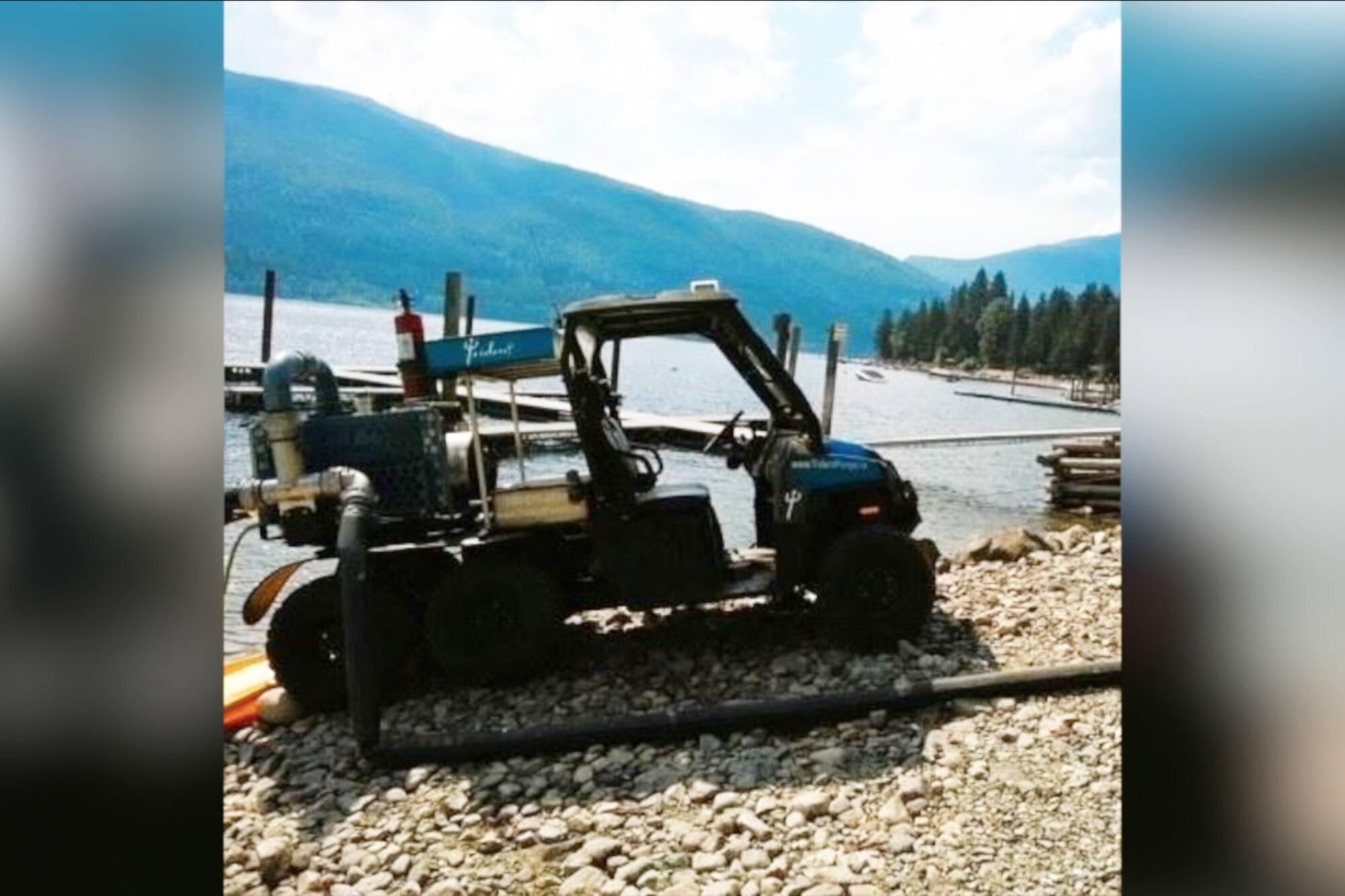 Some of the water delivery machinery set up for structure protection at the Lower East Adams Lake wildfire. (CSRD photo)