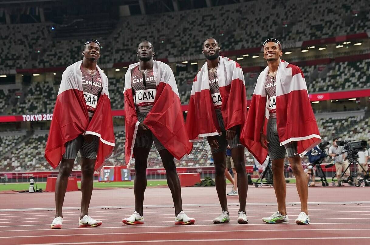 Canada’s 4 X100-metre relay team (left to right) Aaron Brown, Jerome Blake, Brendon Rodney and Andre De Grasse celebrate their bronze medal win during the Tokyo Olympics in Tokyo, Japan on Friday, Aug.6, 2021. The Canadian men’s 4x100-metre relay will get their upgraded Olympic silver medals today at the Canadian national trials in a medal reallocation ceremony.THE CANADIAN PRESS/Nathan Denette