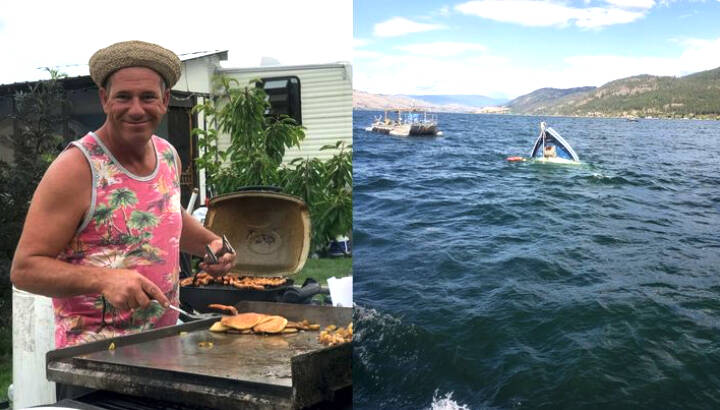 Travis Van Hill and his boat remain in Okanagan Lake one week after a storm capsized the vessel near Vernon. (GoFundMe photos)
