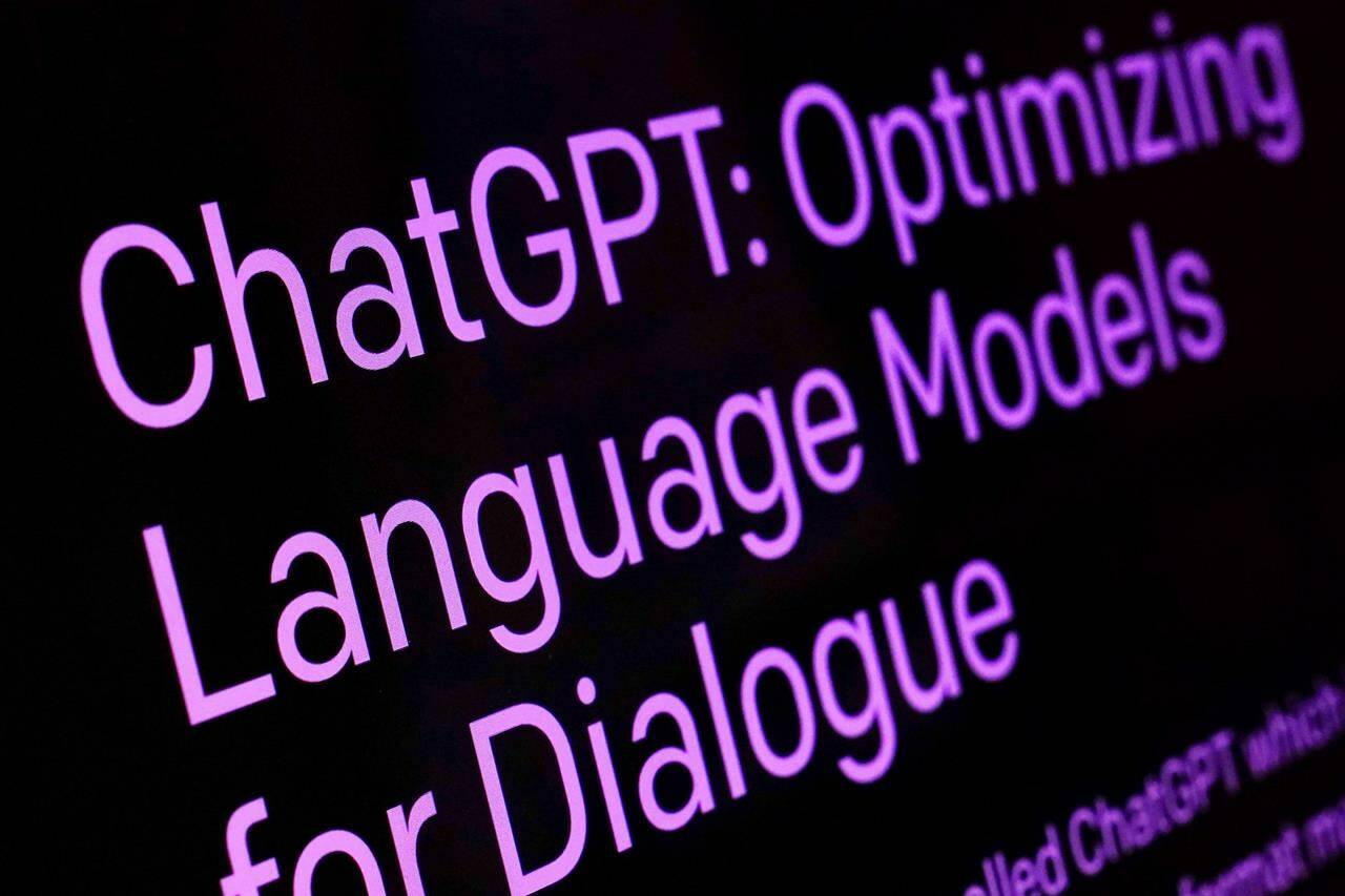 FILE - Text from the ChatGPT page of the OpenAI website is shown in this photo, in New York, Feb. 2, 2023. Anthropic, ChatGPT-maker OpenAI and other major developers of AI systems known as large language models say they’re hard at work to make them more truthful. (AP Photo/Richard Drew, File)