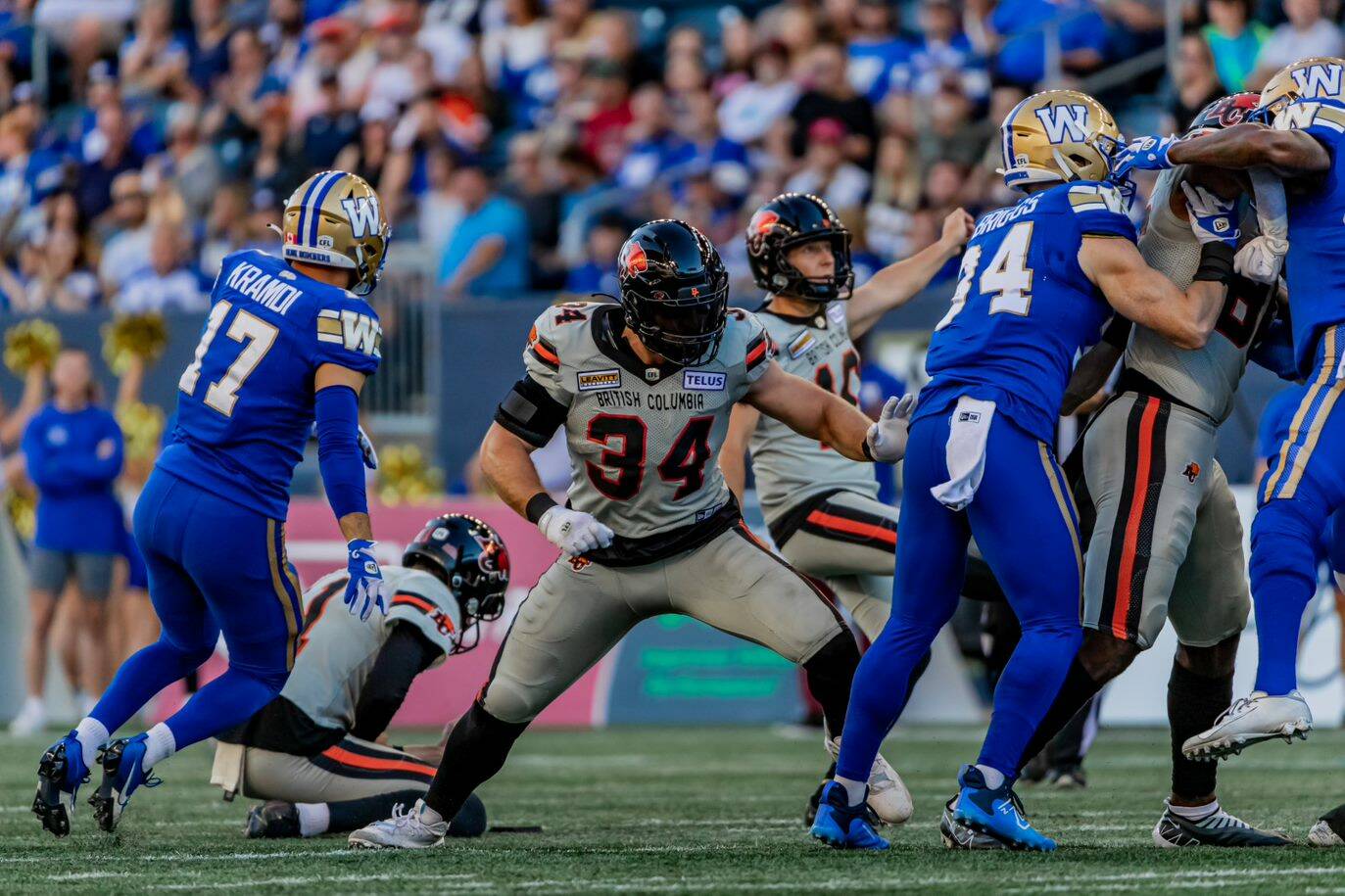 David Mackie (34) and the Lions hope to duplicate the success they had on June 22, when they beat the Blue Bombers 30-6 at IG Field in Winnipeg. Steven Chang, B.C. Lions photo