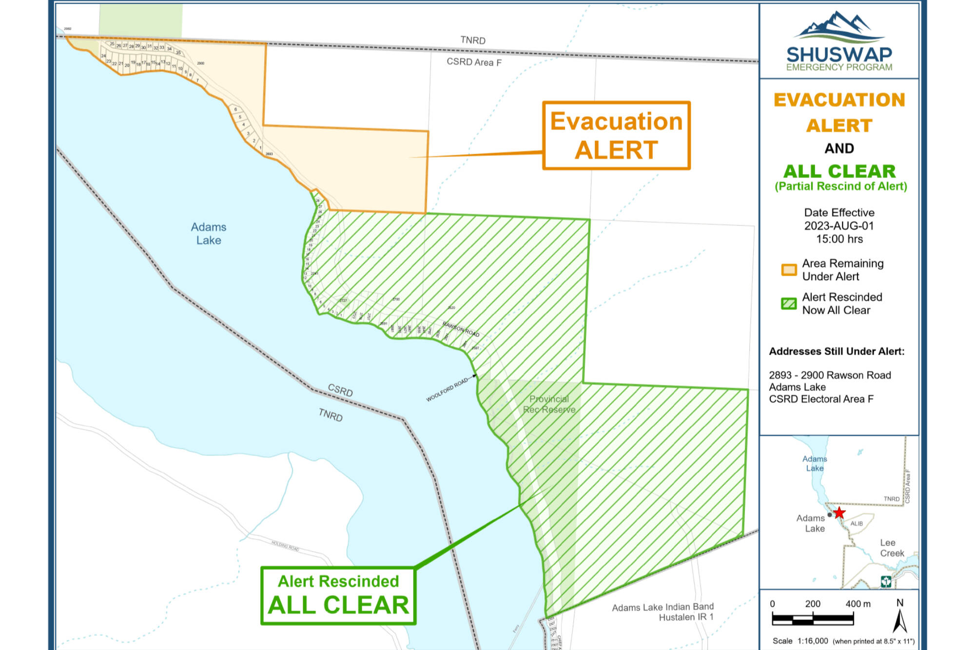 The map shows which areas near the Lower East Adams Lake wildfire are still under evacuation alert and which properties are now in the all clear zone. (CSRD)