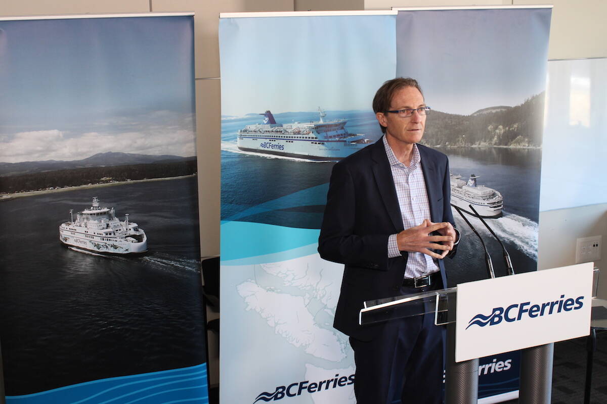 BC Ferries CEO Nicolas Jimenez speaks to the media on Aug. 2 about plans for avoiding terminal chaos over the B.C. Day long weekend. (Jake Romphf/News Staff)