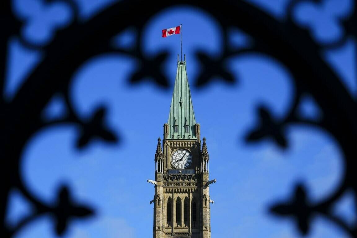 Ottawa says law enforcement is “engaged” after a a video circling online that appears to threaten Indian diplomats in Canada. The Canada flag flies atop the Peace Tower on Parliament Hill in Ottawa on Friday, May 5, 2023. THE CANADIAN PRESS/Sean Kilpatrick