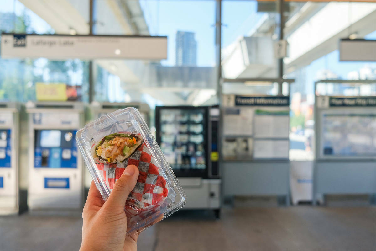 TransLink is partnering with three local businesses to bring on-the-goal meals to SkyTrain station vending machines, with sushi as one of the options. The pilot project has already launched at three stations. (Buzzer/TransLink)