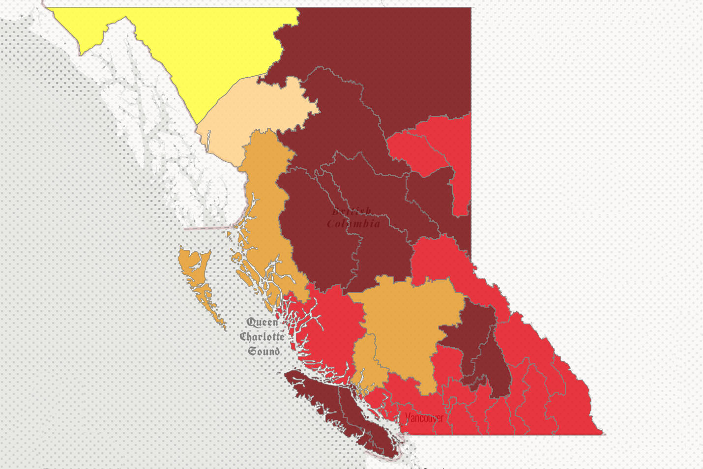 The red areas on the map from Aug. 3 show Drought Level 4 conditions, while the dark red areas show Drought Level 5. (Government of BC)