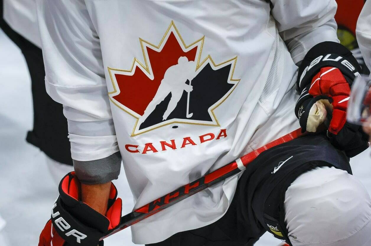 A Hockey Canada logo is shown on the jersey of a player with Canada’s National Junior Team during a training camp practice in Calgary, Alta., Tuesday, Aug. 2, 2022. THE CANADIAN PRESS/Jeff McIntosh