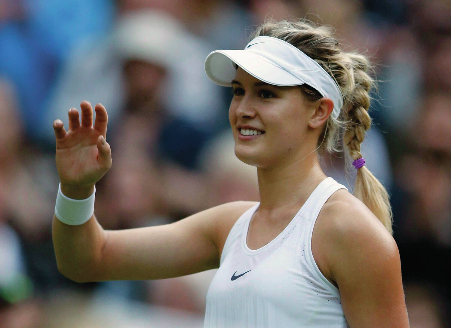 FILE - Eugenie Bouchard of Canada celebrates after beating Johanna Konta of Britain in their women’s singles match on day four of the Wimbledon Tennis Championships in London on June 30, 2016. On Saturday, Aug. 5, 2023, Bouchard was defeated in three sets in the first round of the National Bank Open women’s singles qualifiers. THE CANADIAN PRESS/AP, Alastair Grant