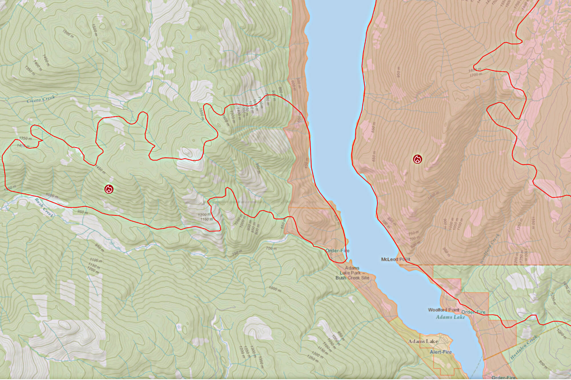 Thirteen addresses at Adams Lake were included in an evacuation alert issued by the TNRD on Sunday afternoon, Aug. 6, 2023. (TNRD image)