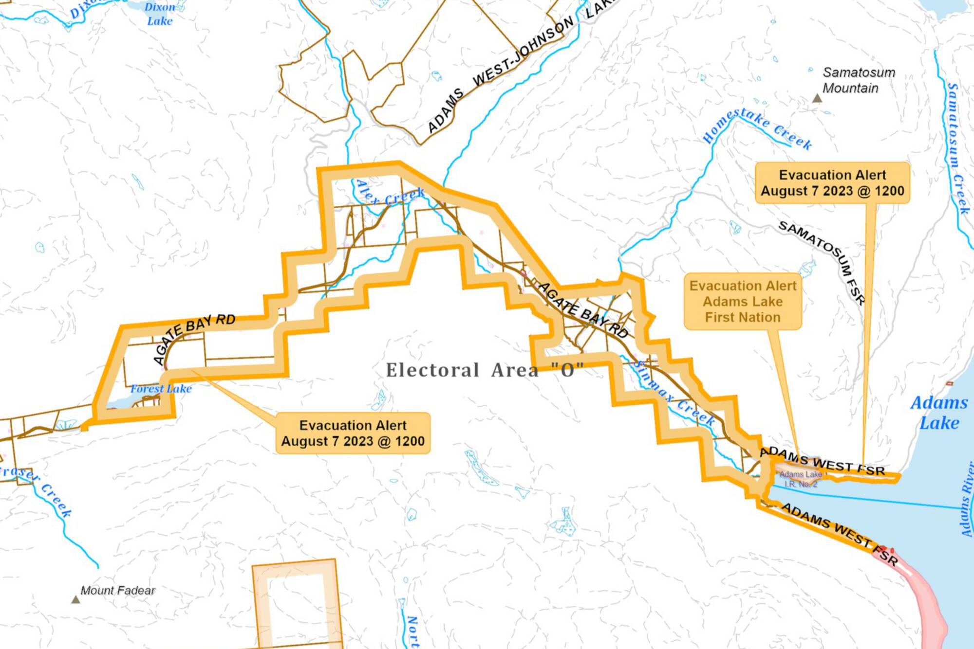 The Thompson Nicola Regional District issued an evacuation alert Monday, Aug. 7, for 85 properties west of Adams Lake. The alert comes in response to the Bush Creek East wildfire, which has been burning since July 12. (TNRD image)