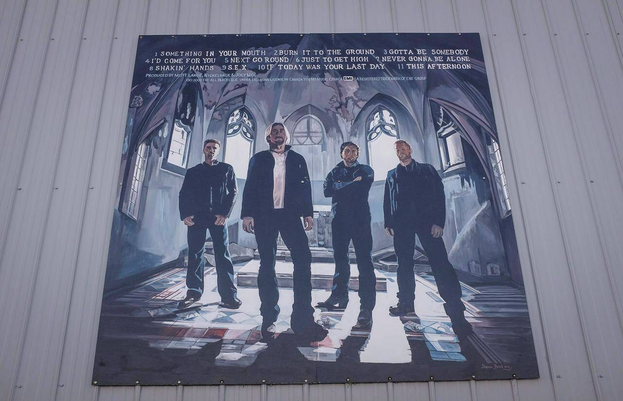 Murals of hometown band Nickelback adorn the curling rink in Hanna, Alta., on Tuesday, Dec. 13, 2016. THE CANADIAN PRESS/Jeff McIntosh