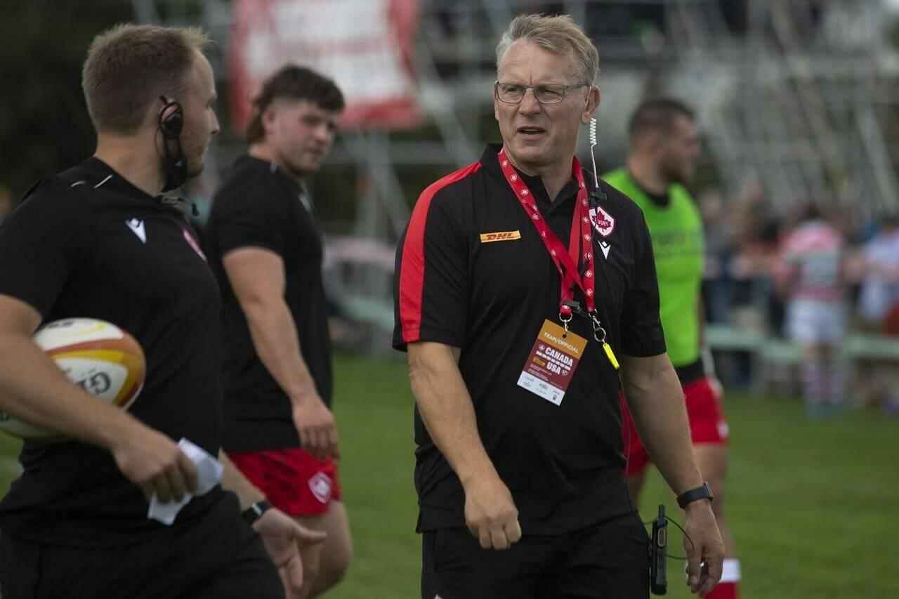 Canada’s Senior Men’s 15 team coach Kingsley Jones looks on during the team’s warm up prior to the first match of the Rugby World Cup 2023 Qualification Pathway against the US Eagles, at the Swilers Rugby Club in St. John’s, Saturday, Sept. 4, 2021. THE CANADIAN PRESS/Paul Daly