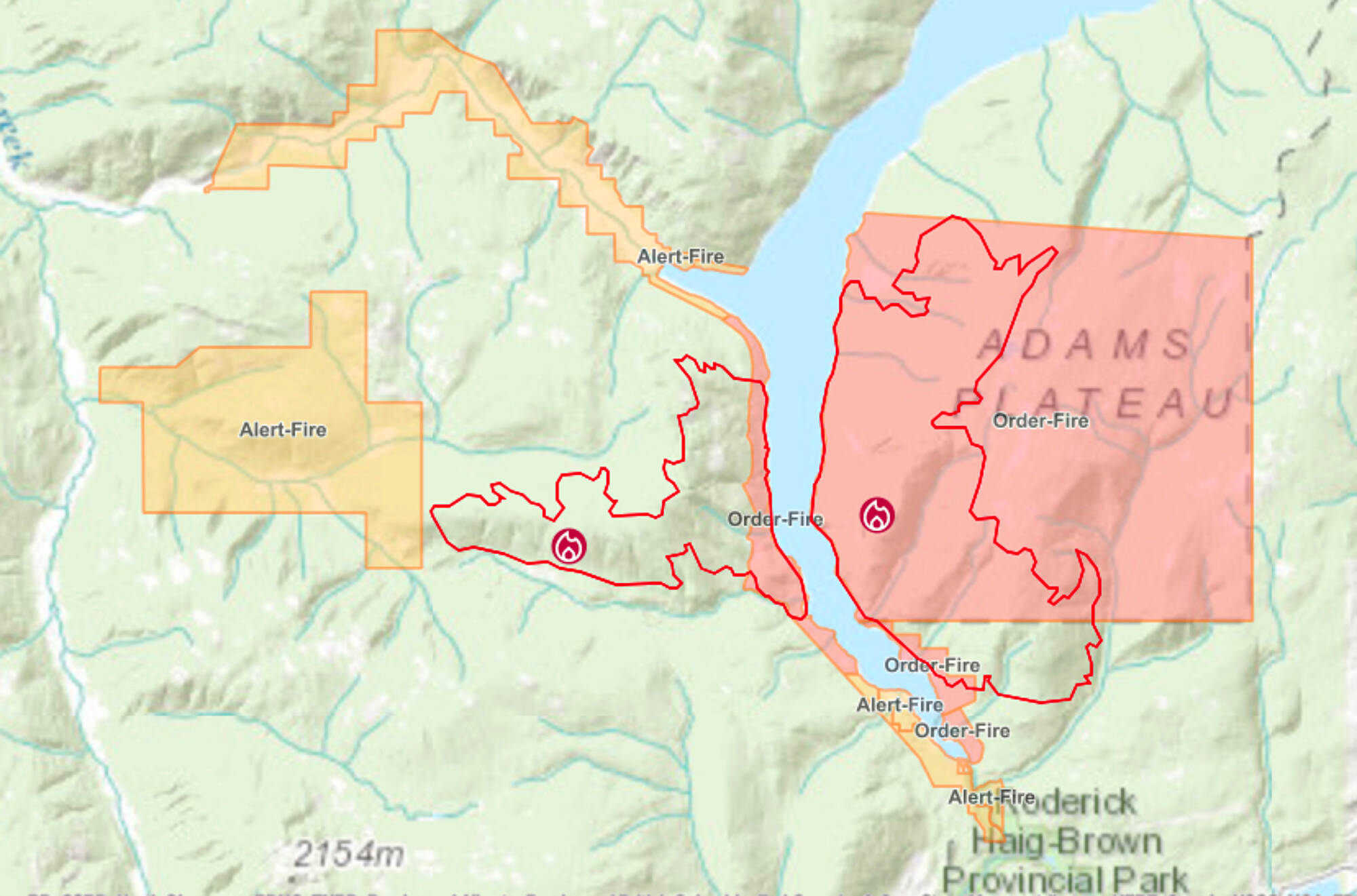 Little change was seen between Tuesday afternoon and Wednesday afternoon, Aug. 8 and 9, at the site of the Lower East Adams Lake wildfire in the Shuswap. (BC Wildfire Service image)