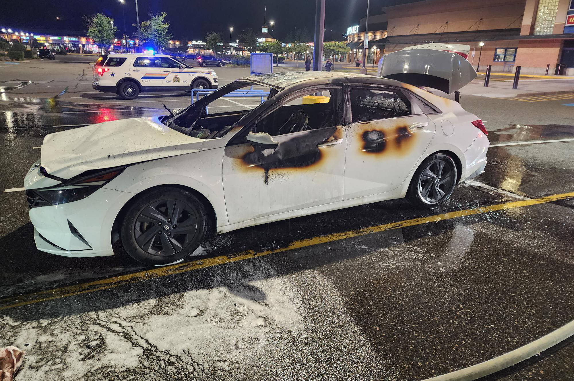 Jonathan Young’s rental car was found on fire in the parking lot of Mission’s Junction Mall on July 30, 2023. (RCMP photo)