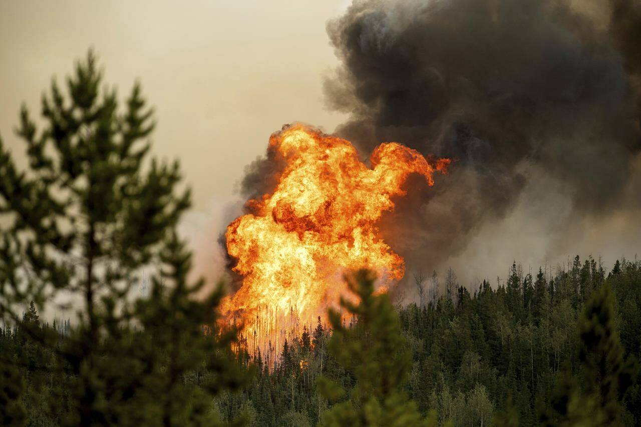 Flames from the Donnie Creek wildfire burn along a ridge top north of Fort St. John, British Columbia, Canada, Sunday, July 2, 2023. Federal officials are set to provide an update today on the outlook for this year’s wildfire season.THE CANADIAN PRESS/AP, Noah Berger