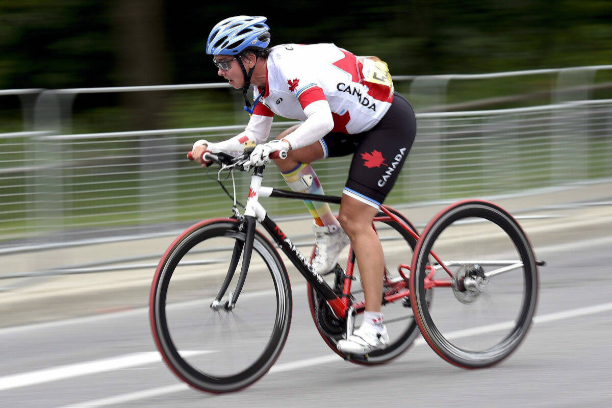 Shelly Gautier of Canada competes in the women’s T1-class road race cycling event during the Para Pan Am Games in Toronto on Saturday, August 8, 2015. Canadian para-cyclists Nathan Clement and Shelley Gautier secured their second medals at the world cycling championships on Friday (Aug. 11, 2023), clinching third-place finishes in their respective T1 road race events. THE CANADIAN PRESS/Nathan Denette