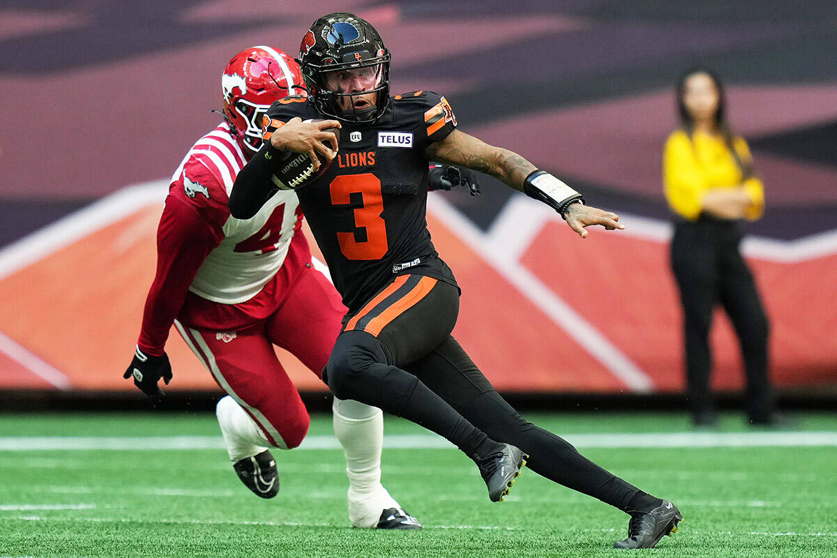B.C. Lions quarterback Vernon Adams Jr. (3) runs with the ball during the first half of a CFL football game against the Calgary Stampeders, in Vancouver, on Saturday, August 12, 2023. THE CANADIAN PRESS/Darryl Dyck