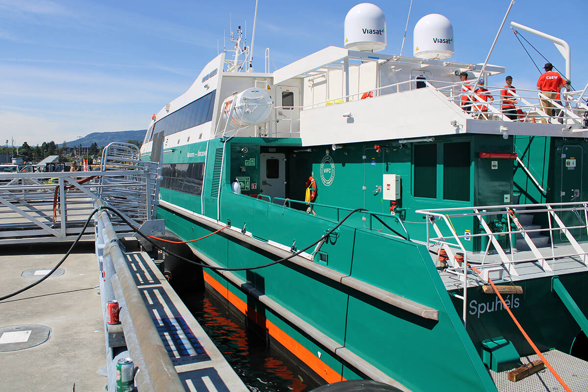 A Hullo ferries vessel docked in Nanaimo earlier this summer. The ferries will remain docked until Wednesday, Aug. 16, the company has advised. (News Bulletin file photo)