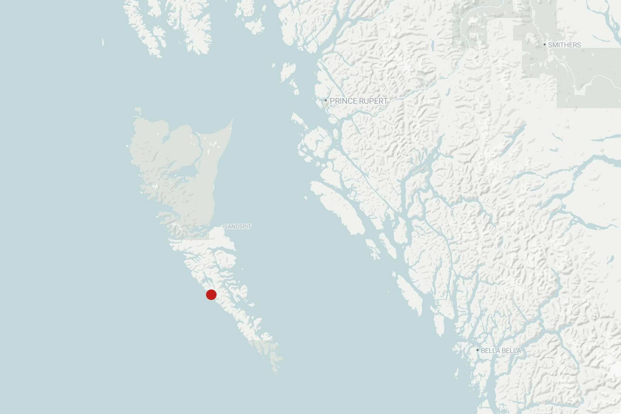 A map displaying the location of the 4.7 magnitude earthquake that struck near a village in British Columbia on Aug. 15. The epicentre was situated 70 kilometres south of Daajing Giids and 222 kilometres southwest of Prince Rupert, in a region known for its significant seismic activity. An expert suggests this tremor could be a later aftershock of the major 2012 quake in the same area. (OpenStreetMap)