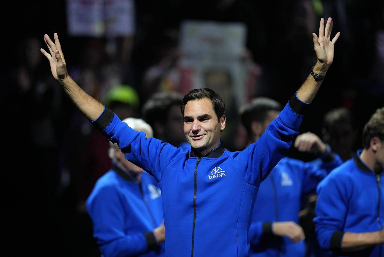 An emotional Roger Federer of Team Europe acknowledges the crowd after playing with Rafael Nadal in a Laver Cup doubles match against Team World’s Jack Sock and Frances Tiafoe at the O2 arena in London, Friday, Sept. 23, 2022. THE CANADIAN PRESS/AP-Kin Cheung