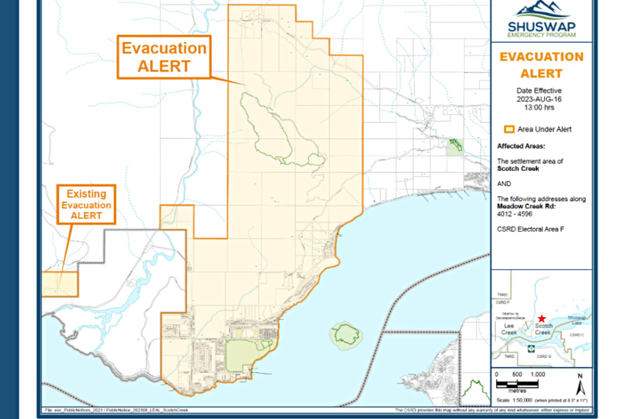 An evacuation alert issued by the CSRD for Lee Creek was extended to include Scotch Creek on Wednesday, Aug.