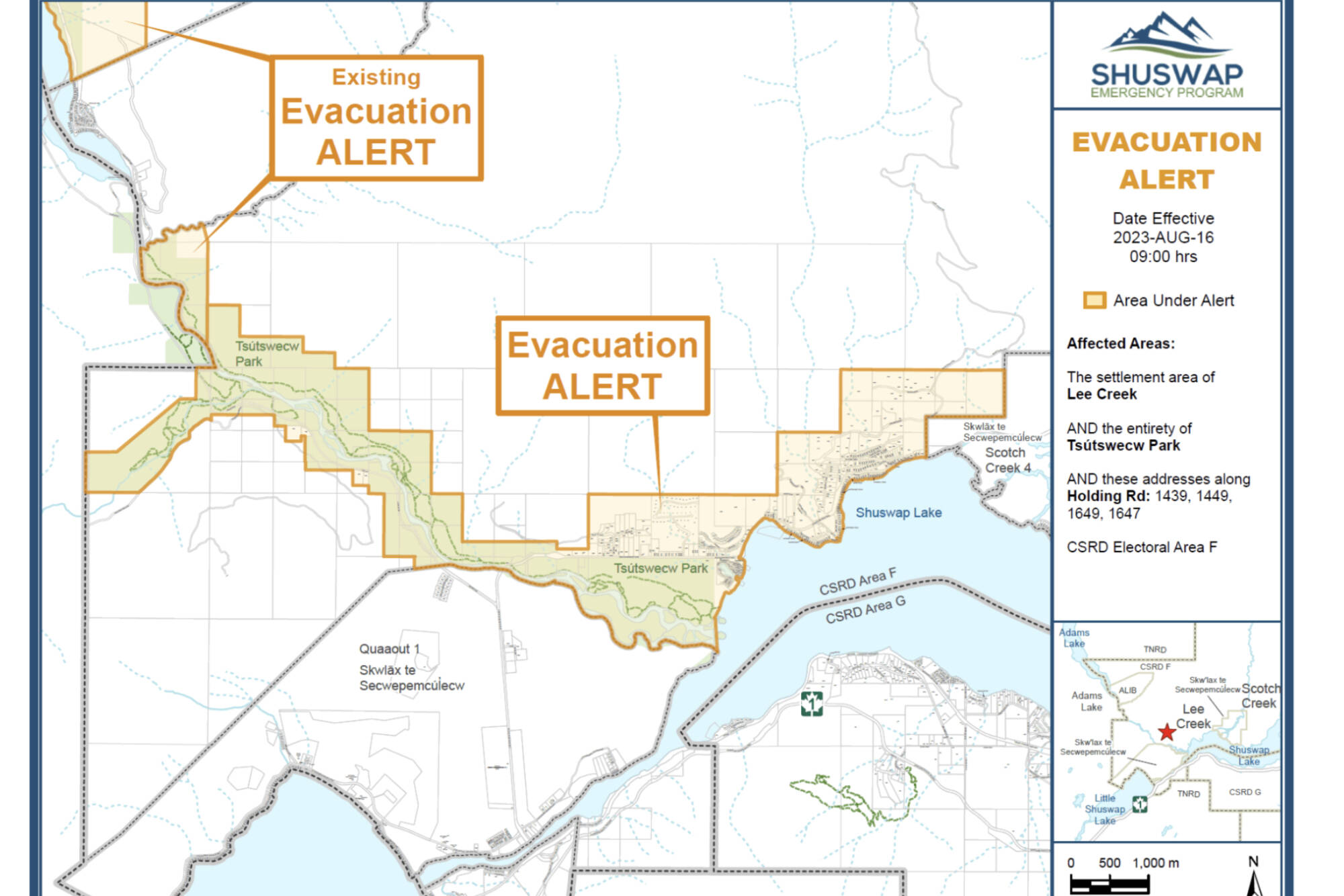 The Lower East Adams Lake wildfire prompted an evacuation alert for the Lee Creek area of the North Shuswap on Wednesday morning, Aug. 16, 2023. (CSRD image)