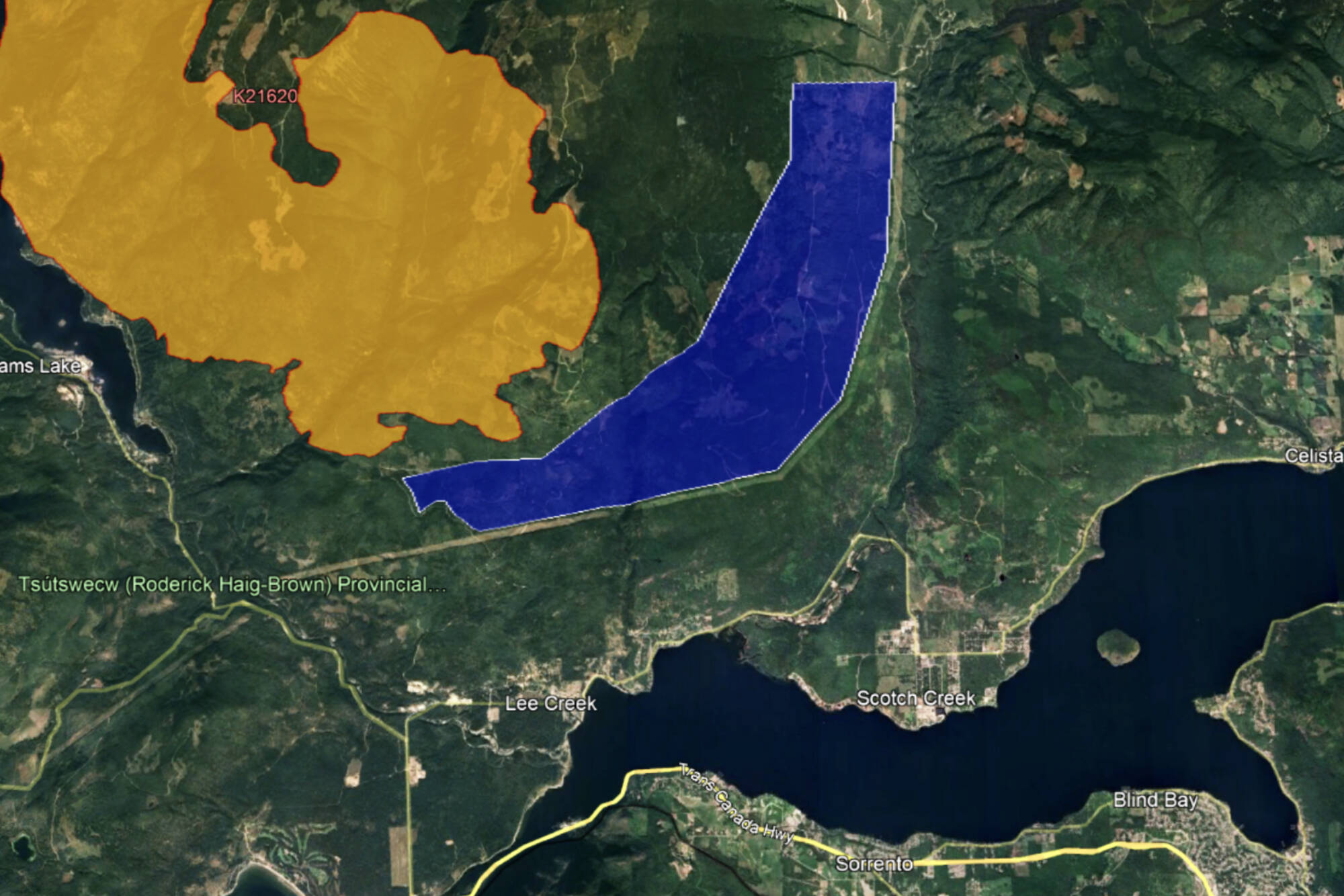 The BC Wildfire Service conducted a large-scale aerial ignition southeast of the Lower East Adams Lake wildfire in the North Shuswap Thursday afternoon, Aug. 17, 2023. (BC Wildfire Service image)