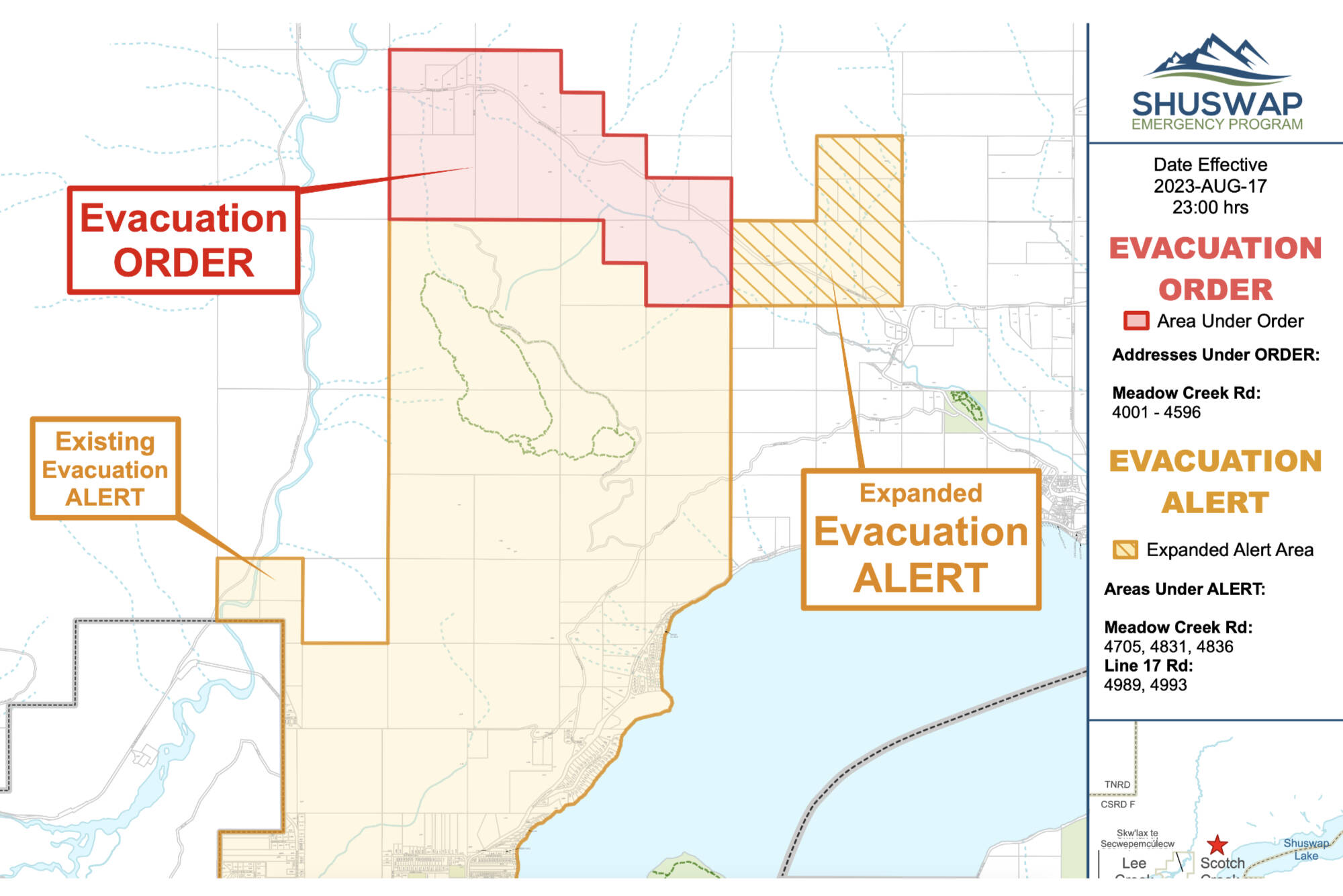 An evacuation order was issued for several properties along Meadow Creek Road in Celista Thursday night, Aug. 17, 2023. (CSRD image)