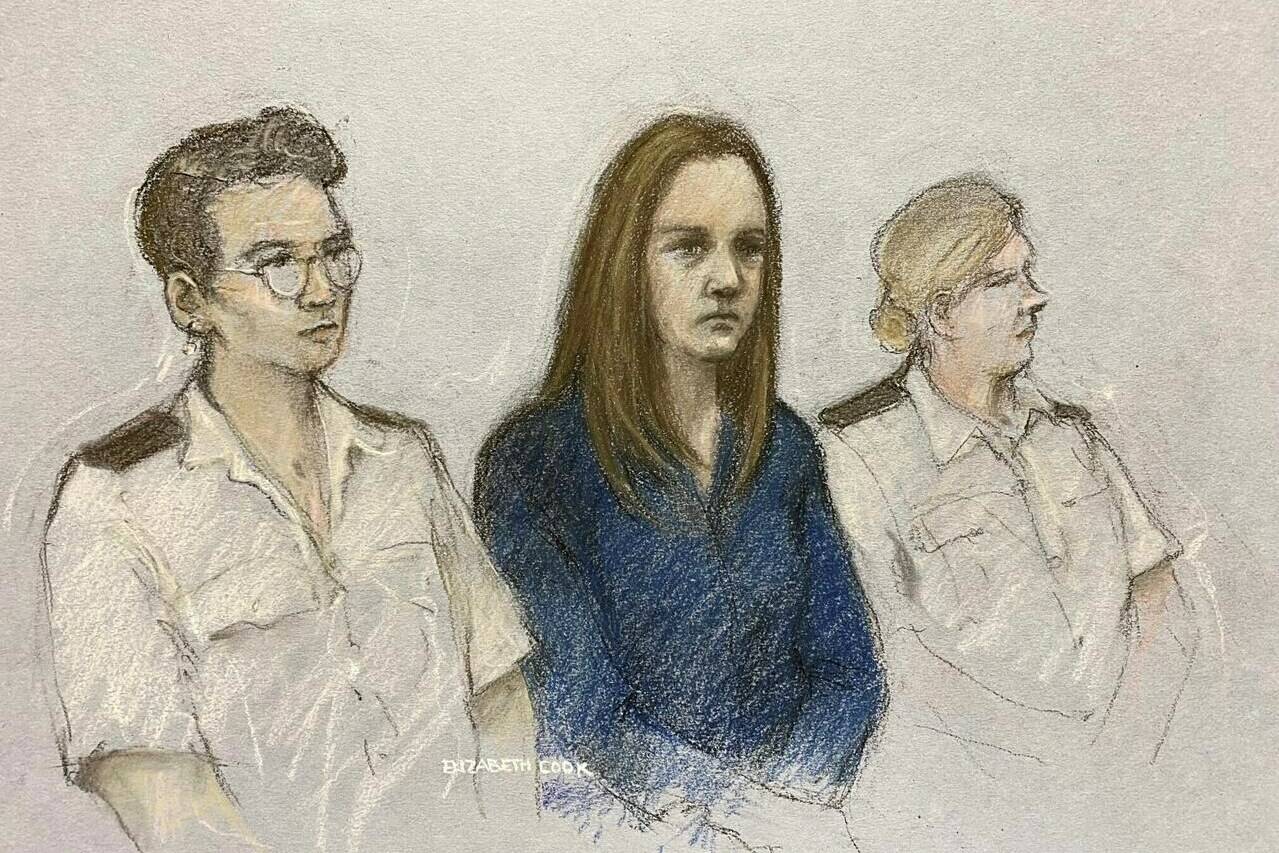 This court artist drawing by Elizabeth Cook from Aug. 10, 2023 shows of nurse Lucy Letby at Manchester Crown Court in Manchester, England. A neonatal nurse in a British hospital has been found guilty of killing seven babies and trying to kill six others. Lucy Letby was charged with murder in the deaths of five baby boys and two girls, and the attempted murder of five boys and five girls, when she worked at the Countess of Chester Hospital in northwest England between 2015 and 2016. (Elizabeth Cook/PA via AP)