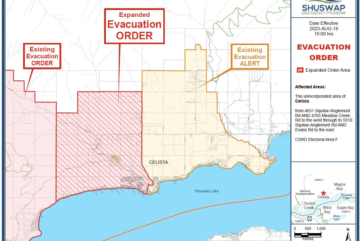 An evacuation order has been issued for the Celista area in the North Shuswap up to Evans Road Friday, Aug. 18, 2023. (CSRD photo)