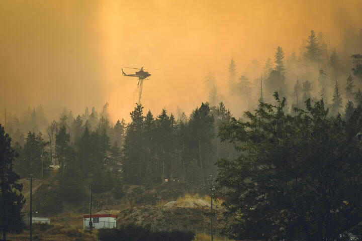 Helicopter bucketing water on Lake Country Wildfire on Aug. 18. (Jordy Cunningham/Capital News)