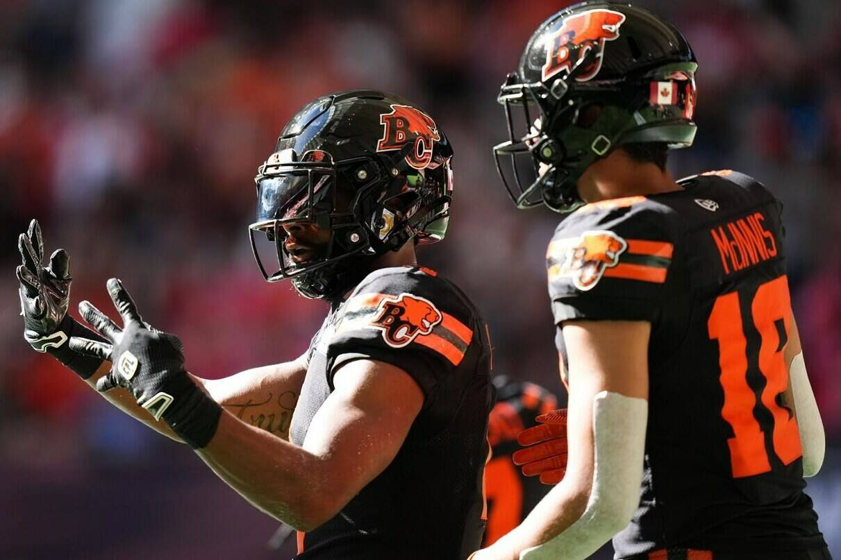 <div>Halfway through the season and the B.C. Lions receiving corps are hitting their stride. B.C. Lions’ Keon Hatcher, left, and Justin McInnis celebrate hatcher’s touchdown against the Calgary Stampeders during the first half of a CFL football game, in Vancouver, on Saturday, August 12, 2023. THE CANADIAN PRESS/Darryl Dyck</div>