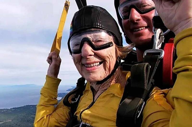 Lucy and her instructor James skydiving. (Campbell River Skydive Centre/Contributed to Black Press Media)