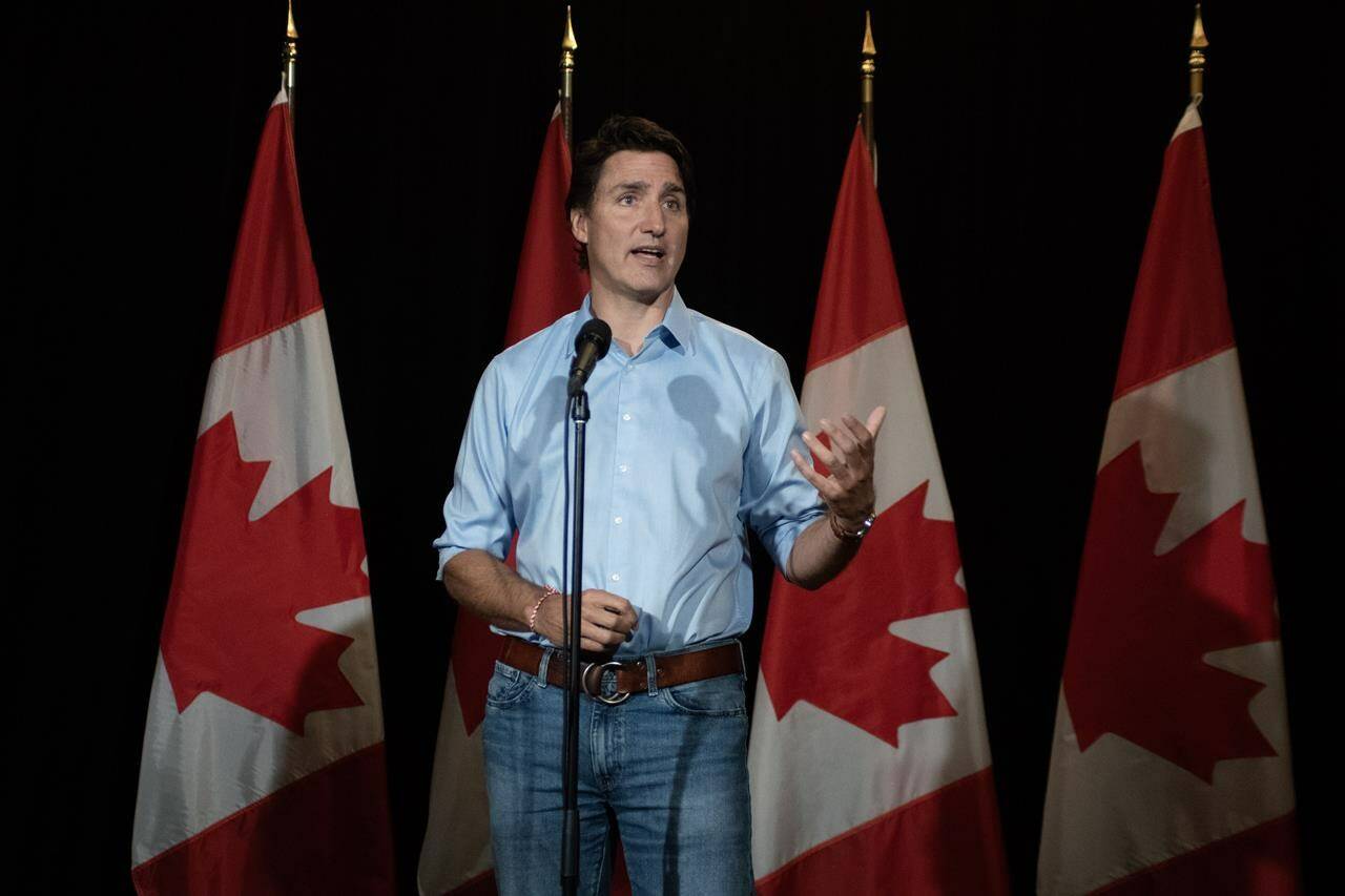 Prime Minister Justin Trudeau makes a statement about the wildfires in Western Canada in Charlottetown, Sunday, Aug. 20, 2023. The Liberal cabinet is in Prince Edward Island’s capital this week for a retreat as it gets ready for the next sitting of the Parliament. THE CANADIAN PRESS/Brian McInnis
