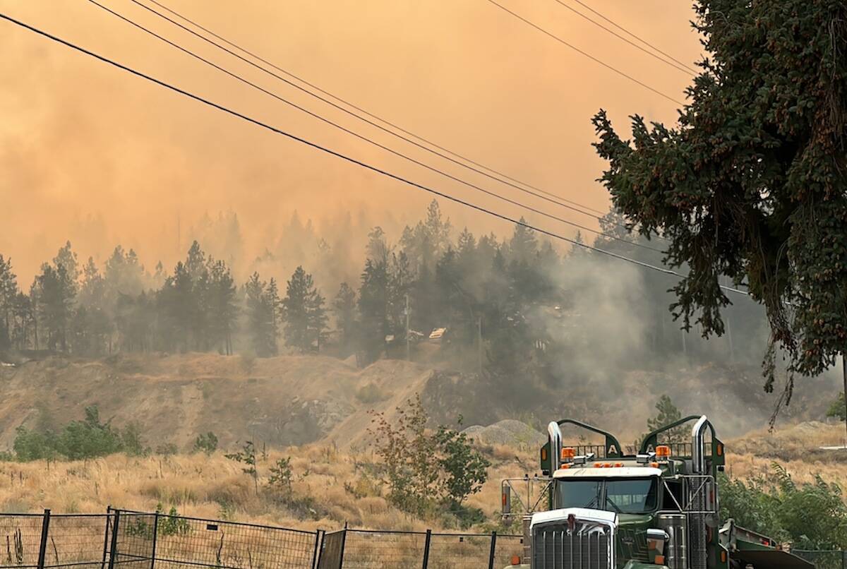 The Clarke Creek wildfire in Lake Country continues to burn into Tuesday, Aug. 22, remaining at 360 hectares. (Jordy Cunningham/Capital News)