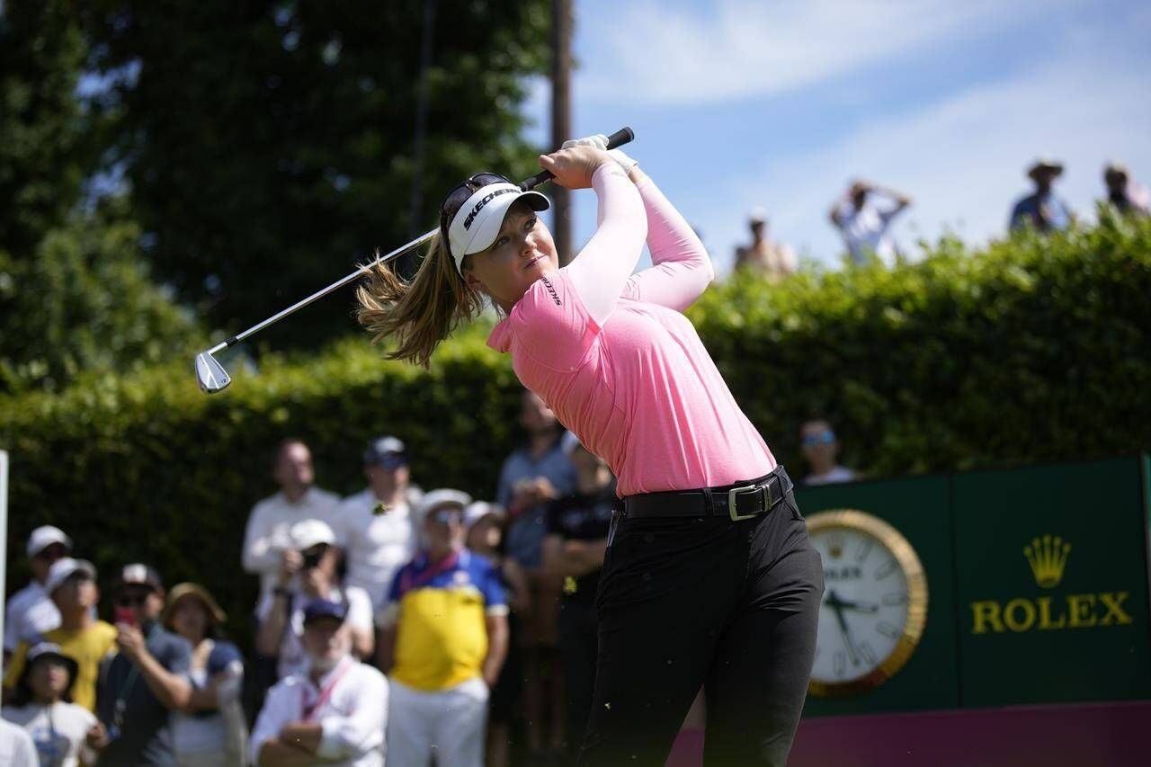 Brooke Henderson of Canada hits from the 14th hole during the Evian Championship women’s golf tournament in Evian, eastern France, Sunday, July 30, 2023. Brooke Henderson headlines a stacked field of golfers at this week’s CPKC Women’s Open. THE CANADIAN PRESS/AP, Lewis Joly
