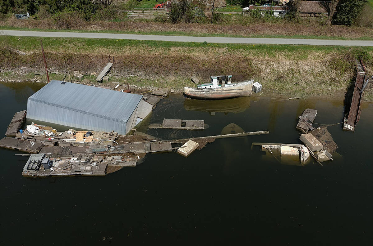 The Dead Boats Removal Society took aerial drone footage of this site on the Alouette River, near Harris Road in Pitt Meadows. Transport Canada is now involved in the cleanup. (Dead Boats Removal Society/Special to The News)