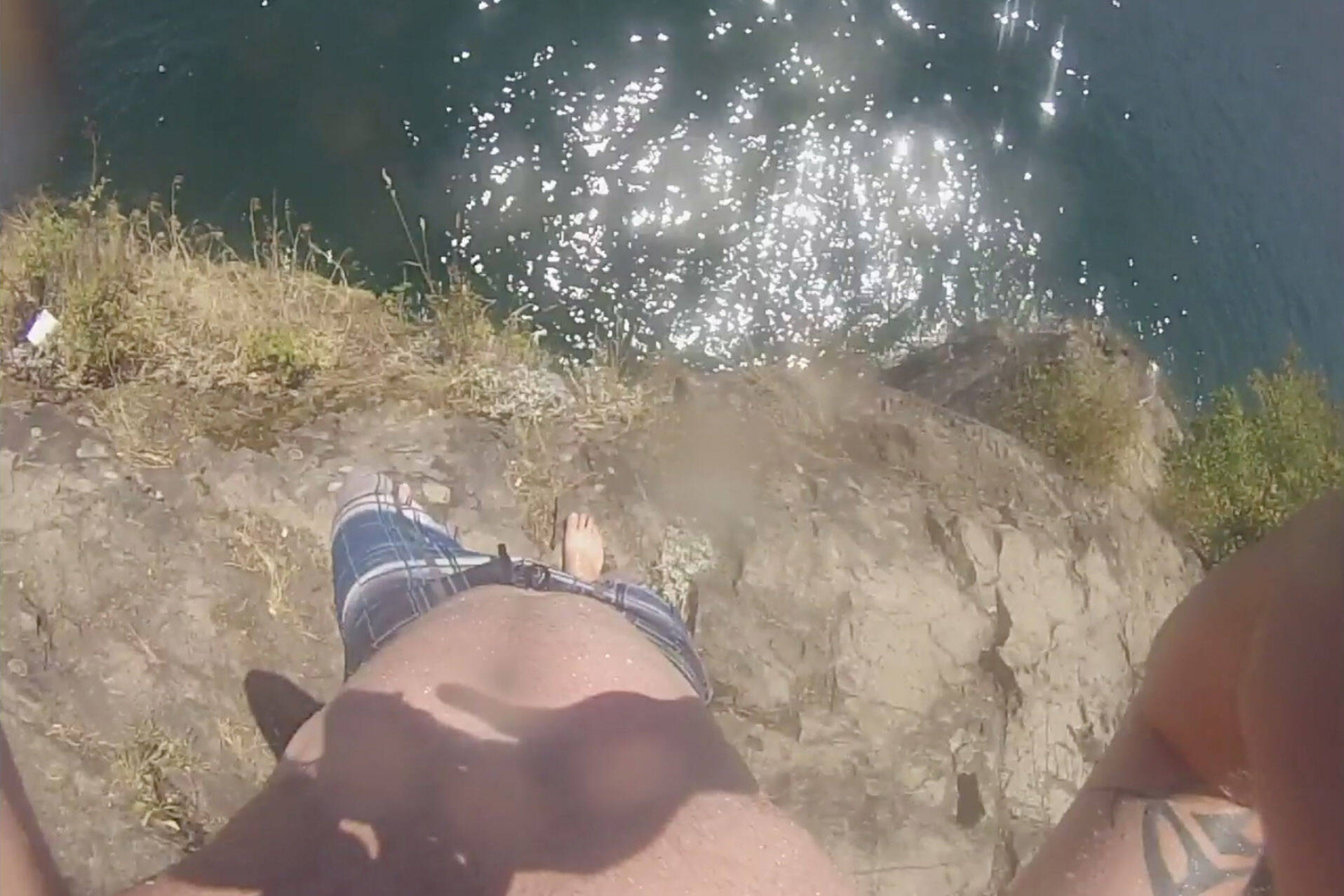 Terry Brookes was cliff jumping when he lost his GoPro camera at Cultus Lake in 2012. It was recovered 11 years later by Clay Helkenberg using an underwater drone on Aug. 21, 2023. (Screenshot/Terry Brookes)