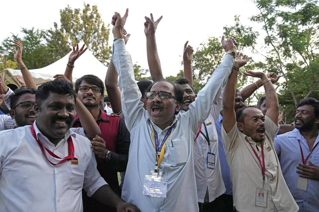 Indian Space Research Organization (ISRO) staff celebrate the successful landing of spacecraft Chandrayaan-3 on the moon at ISRO’s Telemetry, Tracking and Command Network facility in Bengaluru, India, Wednesday, Aug. 23, 2023. India has landed a spacecraft near the moon’s south pole, an unchartered territory that scientists believe could hold vital reserves of frozen water and precious elements, as the country cements its growing prowess in space and technology.(AP Photo/Aijaz Rahi)