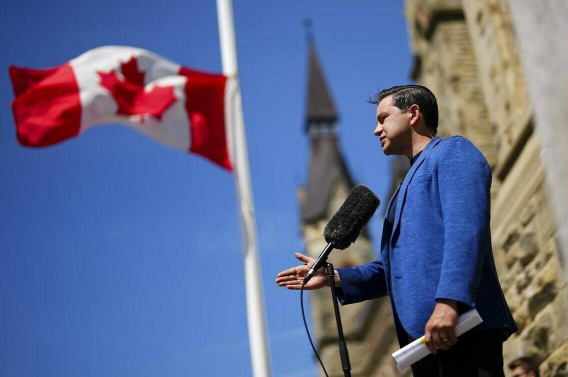 Conservative Leader Pierre Poilievre holds a press conference on Parliament Hill in Ottawa on Monday, Aug. 21, 2023. THE CANADIAN PRESS/Sean Kilpatrick