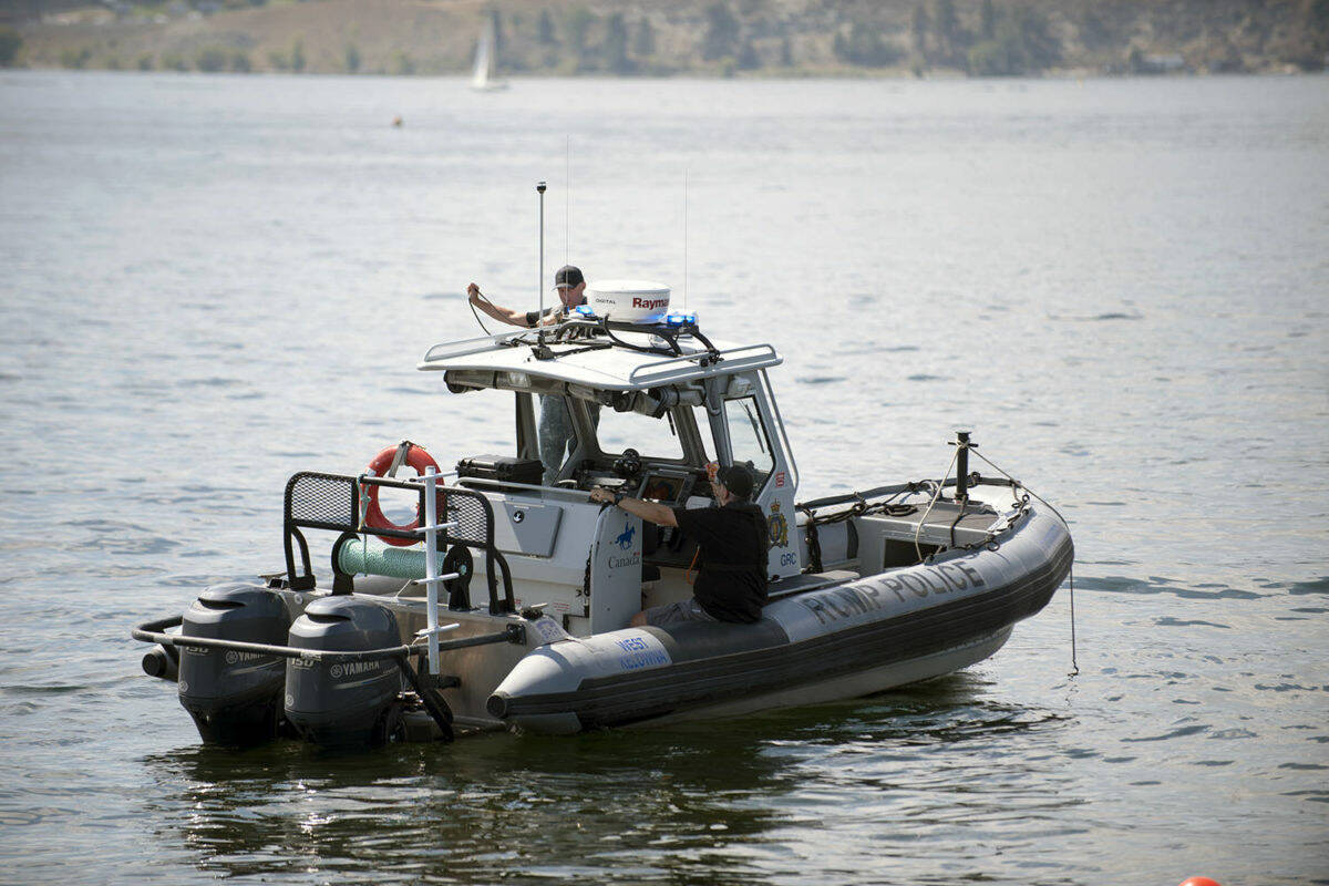 An RCMP boat on Okanagan Lake in 2020. Osoyoos RCMP are currently investigating a body that was discovered in the waters of Osoyoos Lake on Aug. 22, 2023.
(Black Press File)