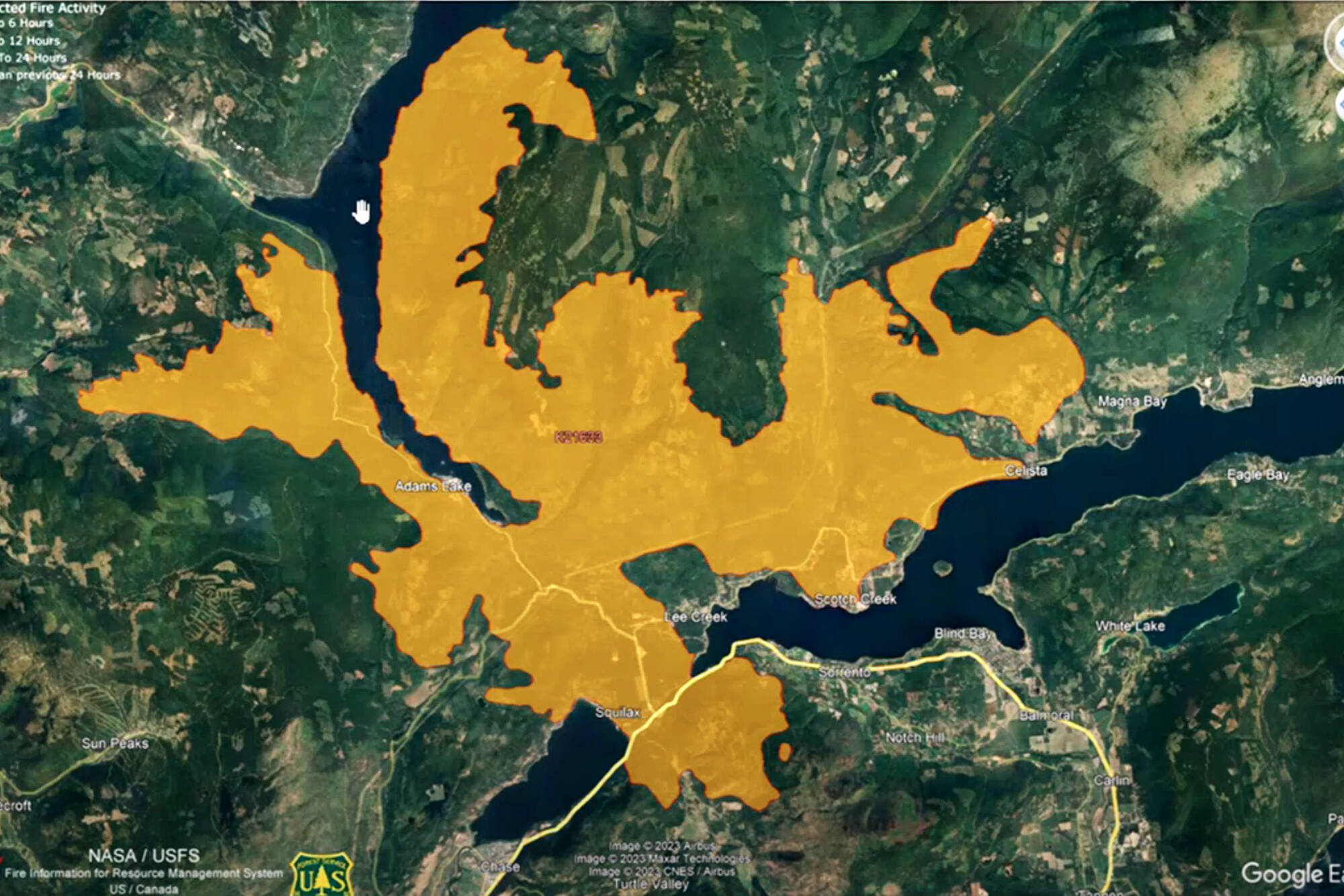 This map shows the approximate perimeter of the Bush Creek East wildfire as of Thursday morning, Aug. 24, 2023. (BC Wildfire Service image)