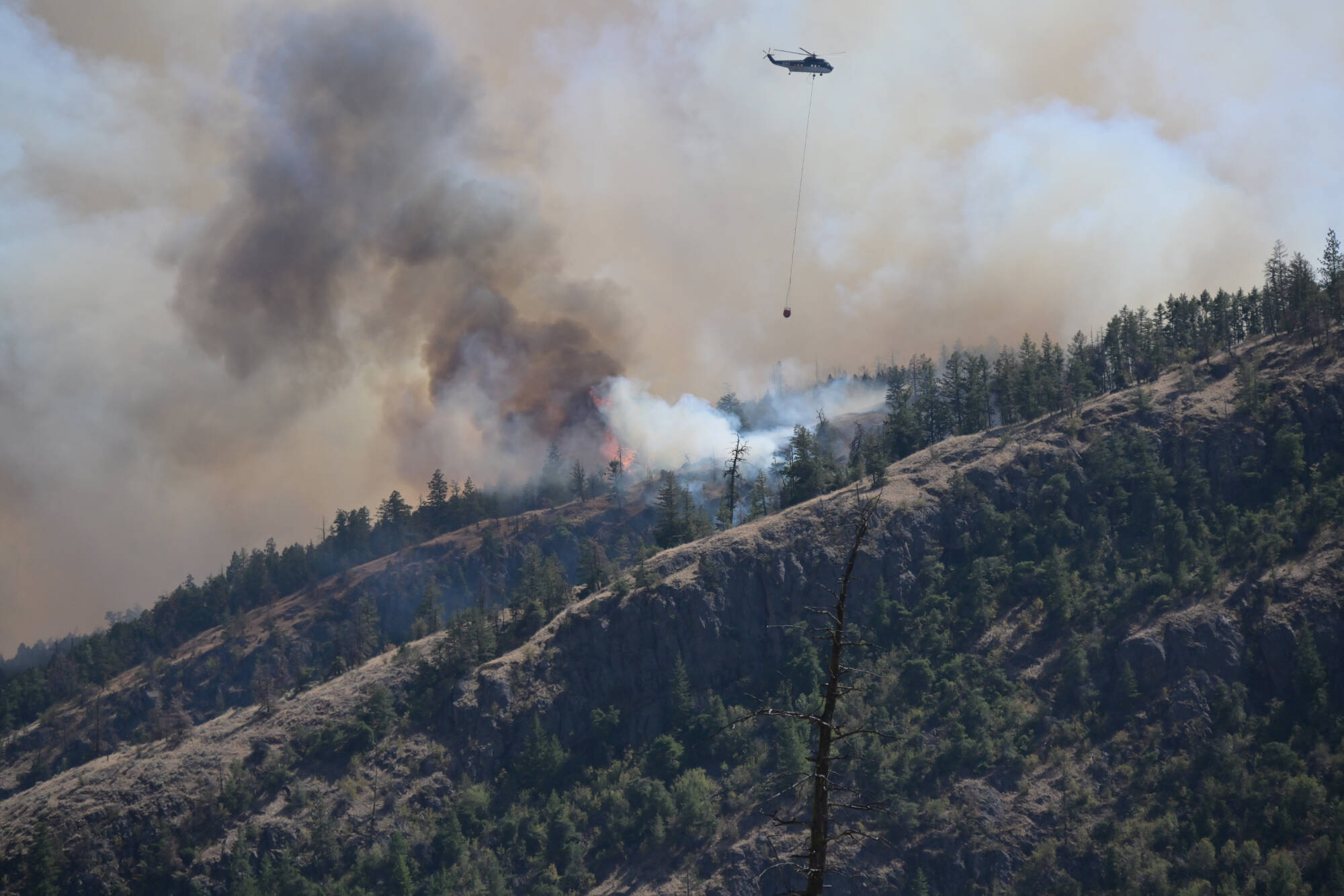 Helicopters attack the Upper Park Rill Creek wildfire on Friday, Aug. 18, hours after it erupted. (Brennan Phillips/Western News)