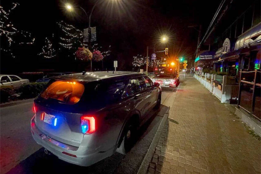 A driver caught doing three times the 30 km/h speed limit on Marine Drive Wednesday night (Aug. 23, 2023) was issued multiple tickets and had their vehicle impounded for seven days. (White Rock RCMP photo/Twitter)