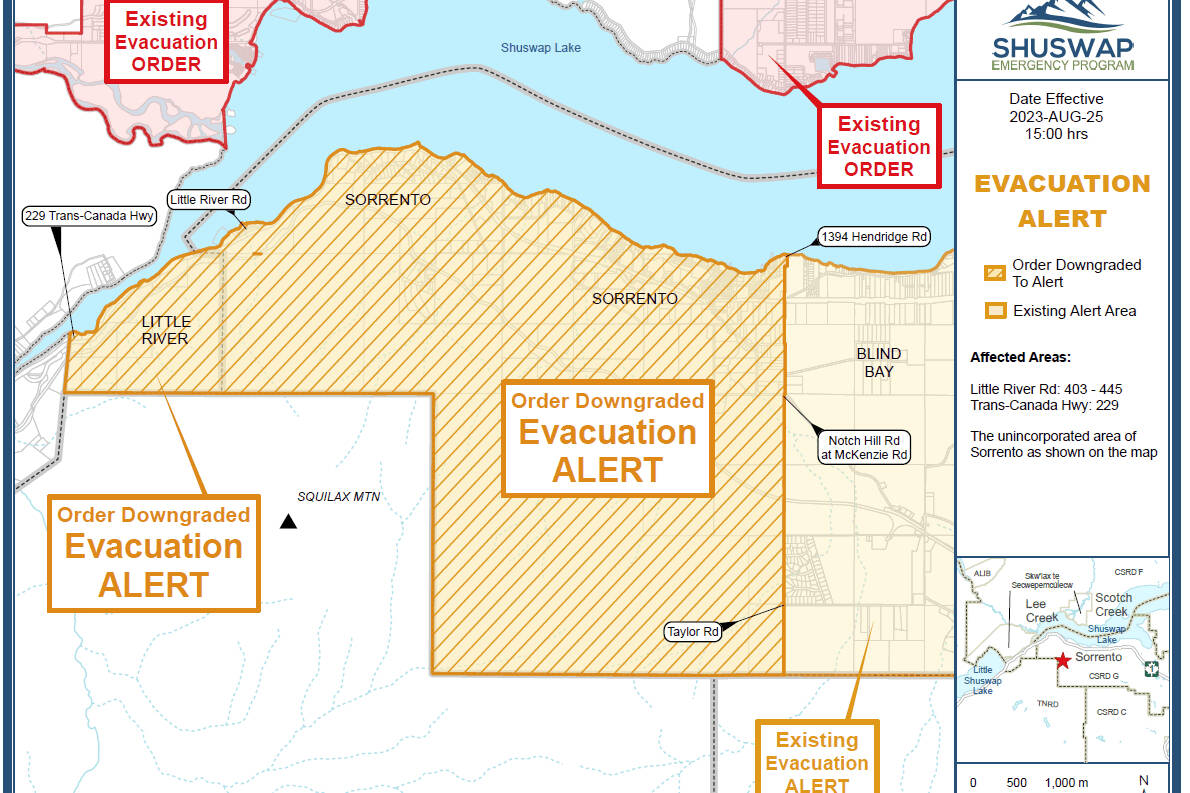 Evacuation orders have been downgraded in the Shuswap Friday afternoon, Aug. 25, 2023. (CSRD photo)