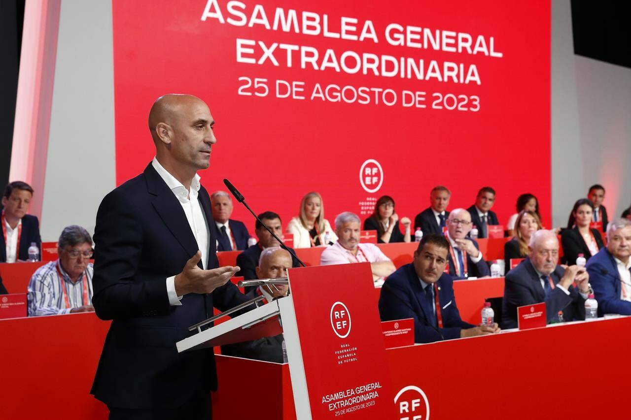 The president of the Spanish soccer federation Luis Rubiales speaks during an emergency general assembly meeting in Las Rozas, Friday Aug. 25, 2023. Rubiales has refused to resign despite an uproar for kissing a player, Jennifer Hermoso on the lips without her consent after the Women’s World Cup final. Rubiales had also grabbed his crotch in a lewd victory gesture from the section of dignitaries with Spain’s Queen Letizia and the 16-year old Princess Sofía nearby. (Real Federación Española de Fútbol/Europa Press via AP)