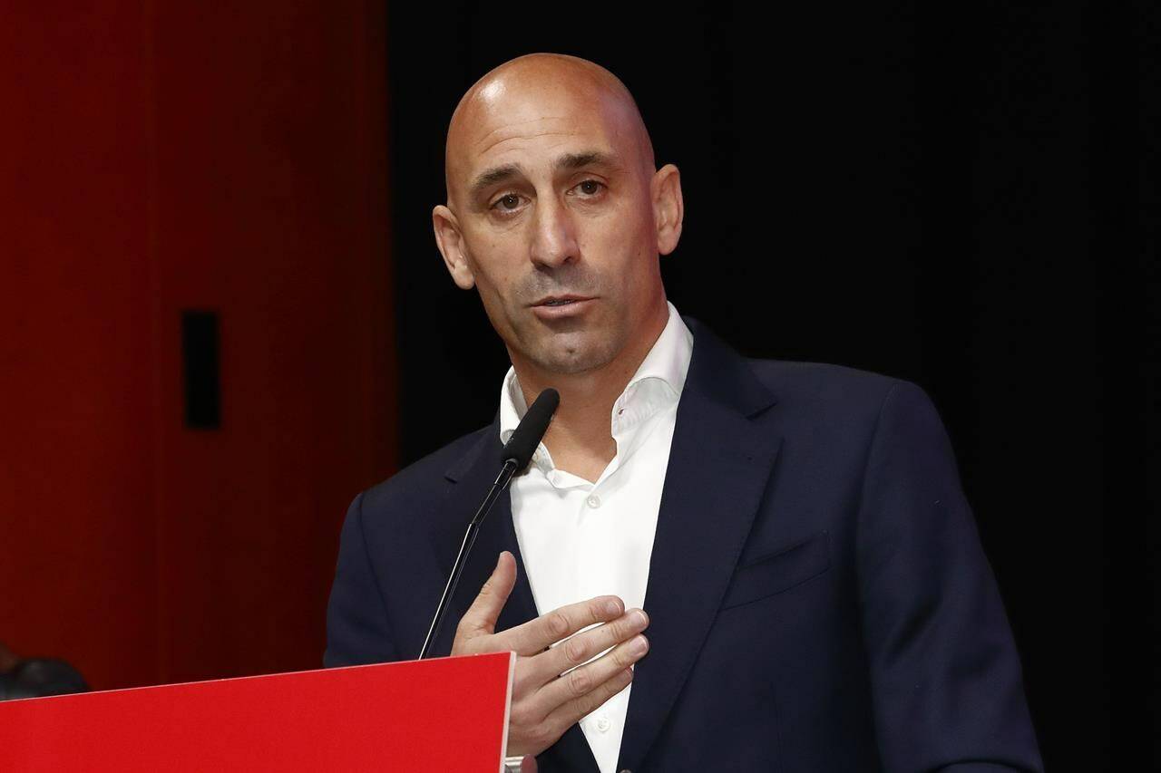 The president of the Spanish soccer federation Luis Rubiales speaks during an emergency general assembly meeting in Las Rozas, Friday Aug. 25, 2023. Rubiales has refused to resign despite an uproar for kissing a player, Jennifer Hermoso on the lips without her consent after the Women’s World Cup final. Rubiales had also grabbed his crotch in a lewd victory gesture from the section of dignitaries with Spain’s Queen Letizia and the 16-year old Princess Sofía nearby. (Real Federación Española de Fútbol/Europa Press via AP)